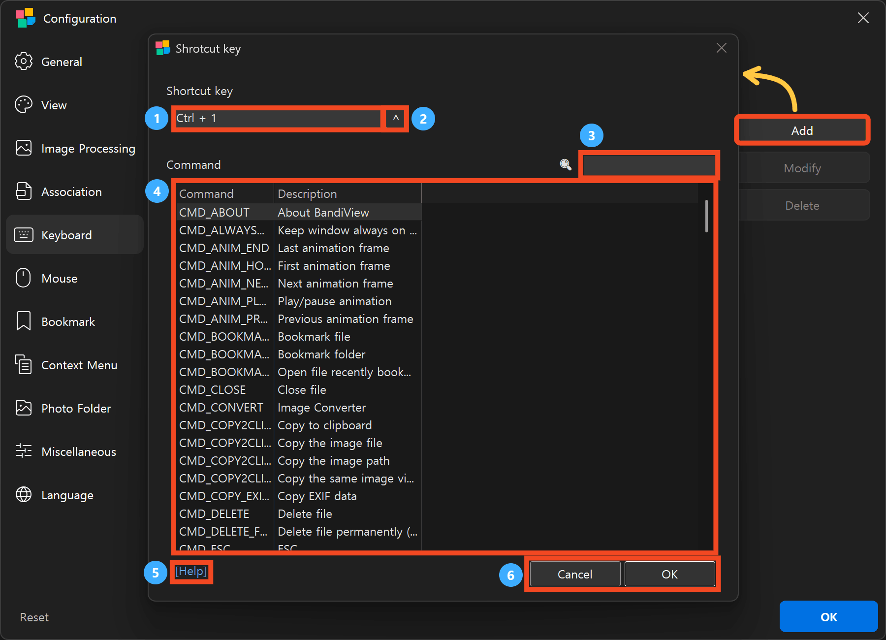 Shortcut key dialog with key entry, special keys, search, commands, Help, and OK